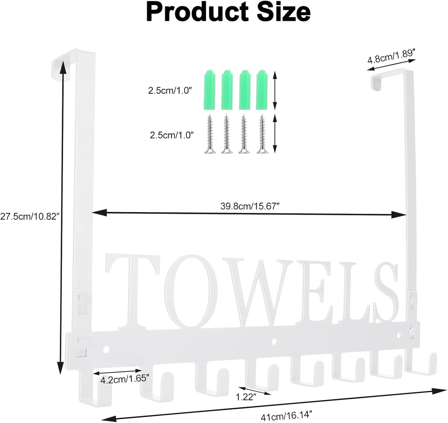Over The Door Hooks, Heavy Duty Wall Mount Towel Hanger with 8 Hooks for Bedroom, Bathroom, Kitchen Towels, Silver