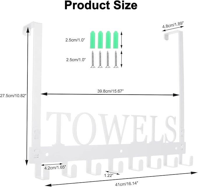 Over The Door Hooks, Towel Rack for Bathroom Towel Holder for Hanging Heavy Duty, Wall Mount Towel Hanger with 8 Hooks for Bedroom Bathroom Kitchen Towels,White