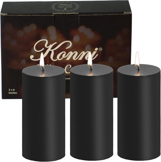 KONNI Black Pillar Candles Set of 3, 3"x 6" Unscented Pillar Candles Bulk, 56 Hours Long Burning Candles, Smokeless&Dripless Large Round Candle for Wedding, Home Decoration, Parties, Spas, Dinner
