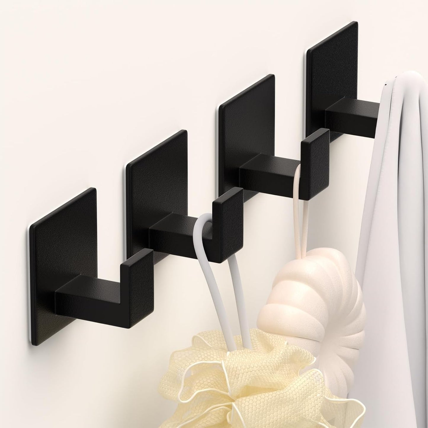 Adhesive Towel Hooks, Shower Hooks for Hanging Robe, Coat, Hat, Loofah, Heavy Duty Wall Hooks Stick on Bathroom, Kitchen and Office (4 Pack, Black)