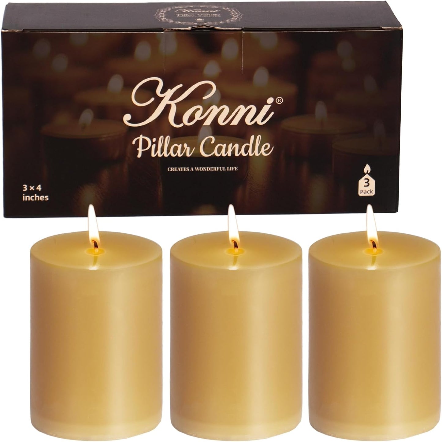 KONNI Mustard Yellow Pillar Candles Set of 3, 3"x 4" Unscented Pillar Candles Bulk, 39 Hours Long Burning Candles, Smokeless&Dripless Large Round Candle for Wedding, Home Decoration, Parties