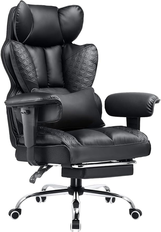 COMHOMA Big and Tall Office Chair 400LBS Wide Ergonomic Gaming Chair with Deluxe Embossing Designed Leather with Foot Rest,150°Reclining Adjustable Armrests Pocket Spring Back Support and Pillow