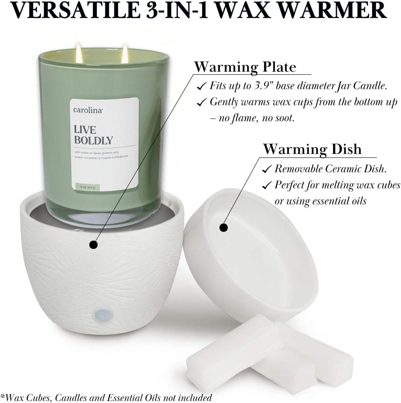 CAROLINA Wellness Wax Melt Warmer, 3-in-1 Electric Wax Melter for Scented Wax Melts, Cubes, and Tarts | Home, Office, Bedroom, Gift & Décor