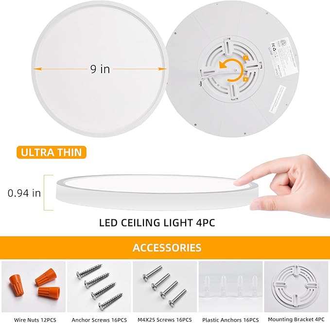 Hlite 4pack 9 Inch Flush Mount LED Ceiling Light Fixture,18W 1800LM Super Slim Light Fixtures Ceiling Mount 3000K/4000K/5000K 3CCT Selectable,Ceiling Light Fixtures for Kitchen,Bedroom (White)