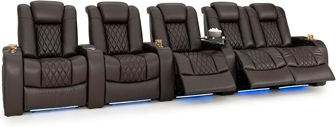 Seatcraft Diamante Zero-Gravity CoolZero Italian Leather Home Theater Seating, Power Headrest, Power Recline, Row of 5 Right Loveseat, Brown