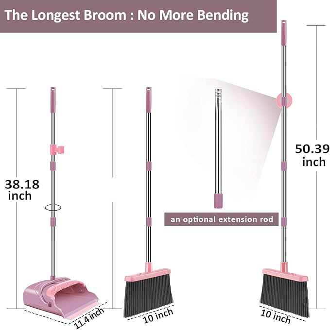 kelamayi Broom and Dustpan Set for Home, Office, Indoor&Outdoor Sweeping, Stand Up Broom and Dustpan (Pink)