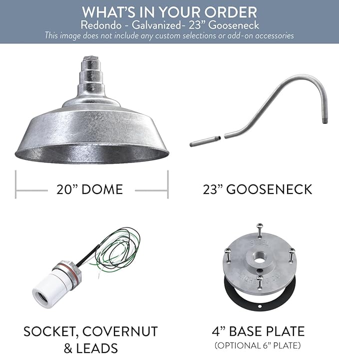 Steel Lighting Co. Redondo Barn Light | Outdoor Wall Mounted | 20 inch Dome | 23 inch Gooseneck | Large Farmhouse Warehouse Light Made in America | Galvanized Exterior/Galvanized Interior