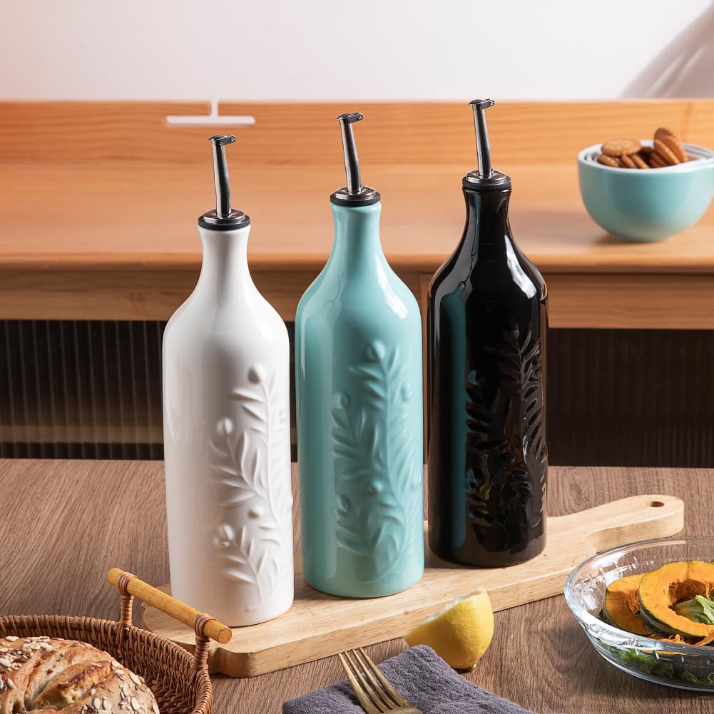 Sweejar Large Olive Oil Dispenser Bottle with Spout, 24 Oz Ceramic Oil Dispenser for Kitchen, Relief Opaque Oil Cruet, Oil Container for Cooking, EVOO, Avocado Oil, Vinegar, Pack of 1(Turquoise)