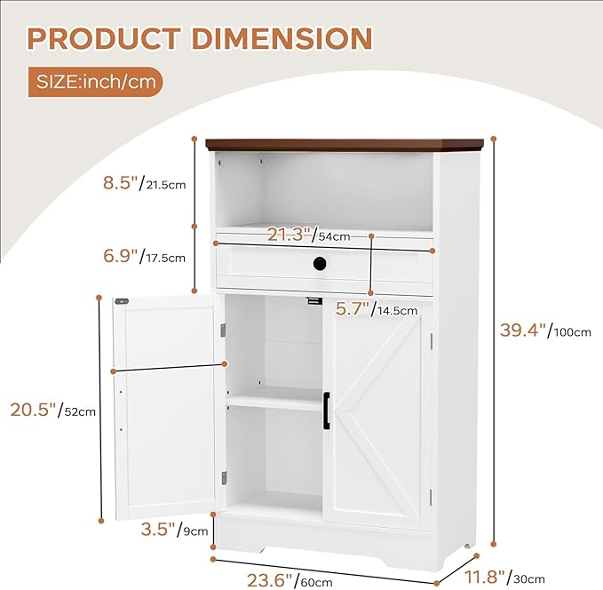 White Floor Cabinet, Farmhouse Storage Cabinet with Barn Doors and Drawer, Freestanding Adjustable Shelf Cabinets for Bathroom, Kitchen, Living Room
