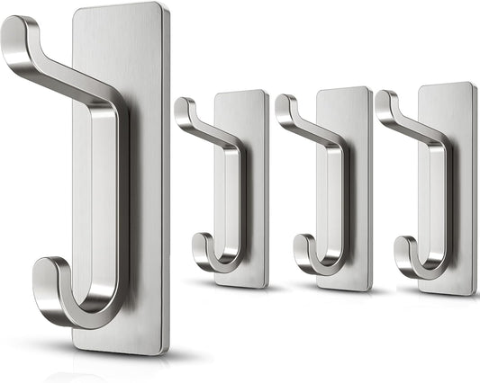 Self Adhesive Wall Hooks for Hanging: Extra Strong 13 LB, Hook for Coat, Towel in Bathrooms, Shower, Kitchen, Wall, Door Hook, Nickel Silver 4 Pack