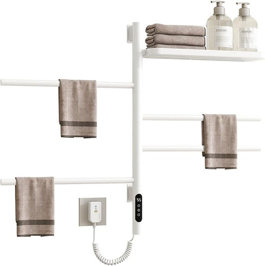 Swivel Heated Towel Rack, Wall Mounted Electric Towel Warmer Rack for Bathroom, 4 Round Bars Swivelable Towel Dryer with Tray, Towel Heater with Built-in Timer, for bathroom, Salons & Spas (G64-White)