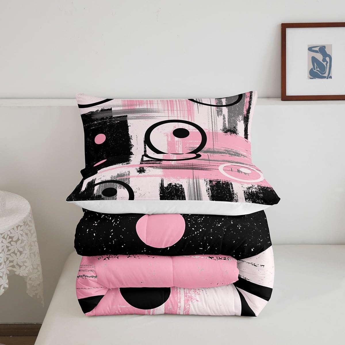 Kids Abstract Art Comforter Set Full Size Geometric Bedding Set for Boys Girls Teens Bedroom Decor Geometry Pink Grey Black Comforter Women Men Modern Duvet Set with 2 Pillow Case