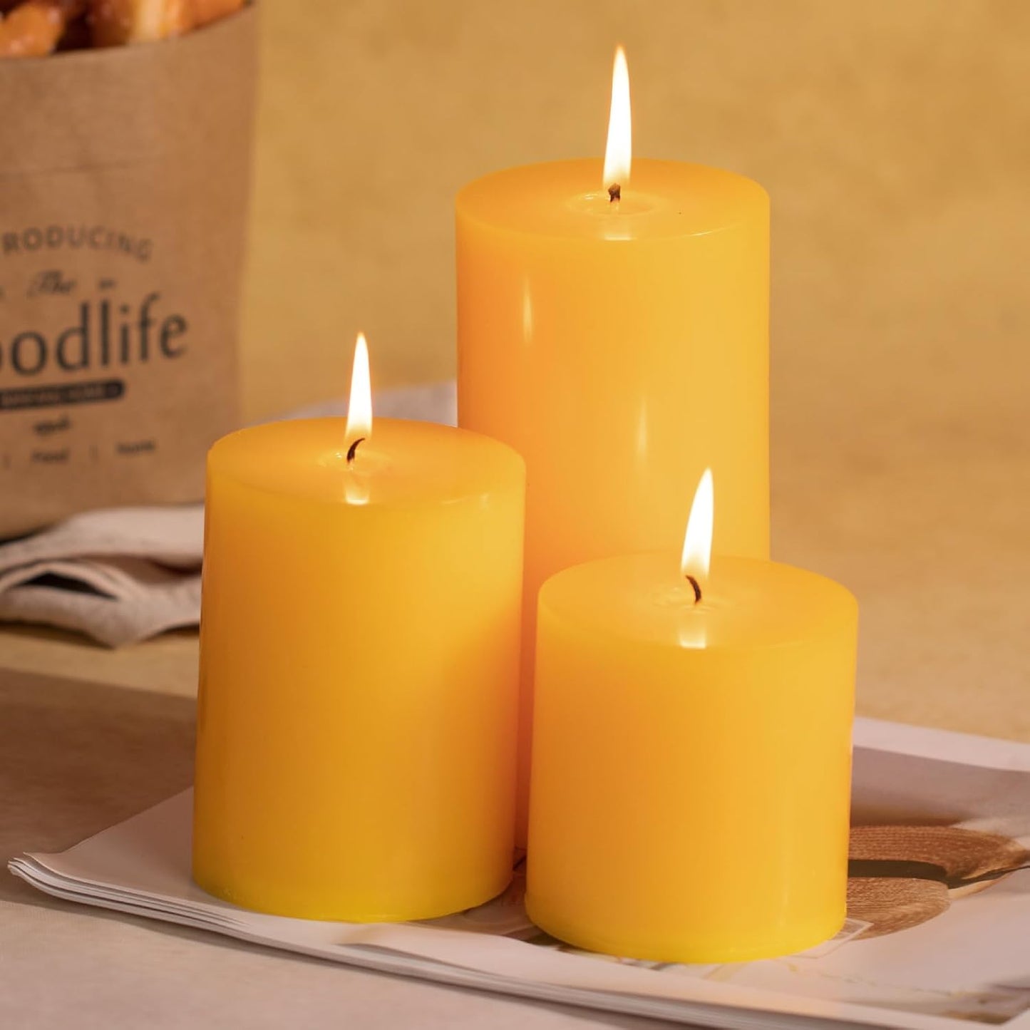 KONNI Yellow Pillar Candles Set of 3, 3"x 4" Unscented Pillar Candles Bulk, 39 Hours Long Burning Candles, Smokeless&Dripless Large Round Candle for Wedding, Home Decoration, Parties, Spas, Dinner
