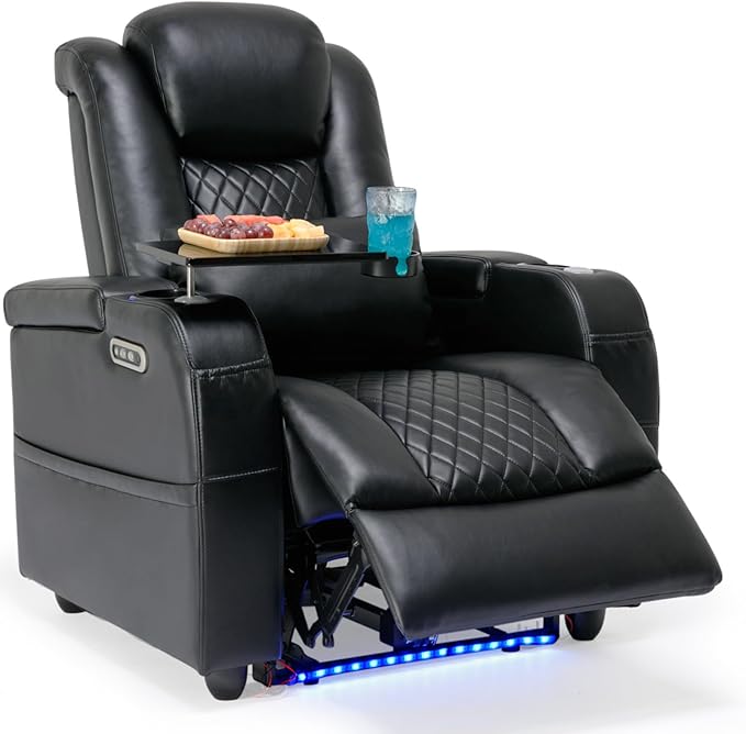 Home Theater Seating Seats, Game Movie Theater Chairs Theater Recliner Sofa with 7 Colors Ambient Lighting, Lumbar Pillow, Side Pocket, Tray Table, Power Recline, Black