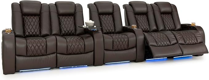 Seatcraft Diamante Zero-Gravity CoolZero Italian Leather Home Theater Seating, Power Headrest, Power Recline, Row of 5 Dual Loveseats, Brown