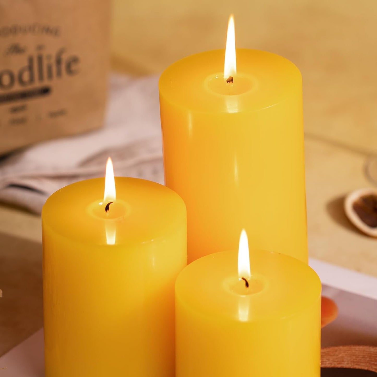 KONNI Yellow Pillar Candles Set of 3, 3"x 3" Unscented Pillar Candles Bulk, 30 Hours Long Burning Candles, Smokeless&Dripless Large Round Candle for Wedding, Home Decoration, Parties, Spas, Dinner