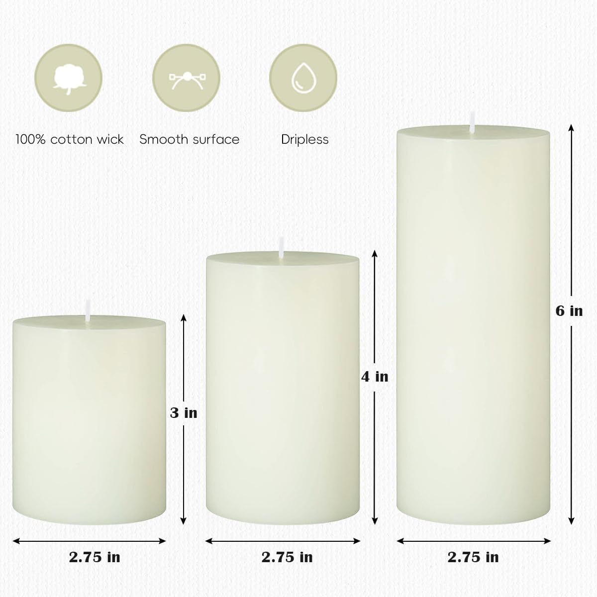 Set of 3 Different Size Ivory Pillar Candles, Unscented Dripless 2.75x3, 2.75x4, 2.75x6 Inch Long Lasting Cylinder Wax Candles for Home Power Outage Dinner Table Decoration