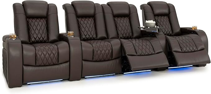 Seatcraft Diamante Zero-Gravity CoolZero Italian Leather Home Theater Seating, Power Headrest, Power Recline, Row of 4 Middle Loveseat, Brown