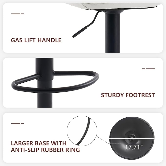 Kidol & Shellder Bar Stools Set of 2 Adjustable Swivel White, PU Leather Upholstered with Back, Modern Counter Height Stools for Kitchen Island, Home Bar