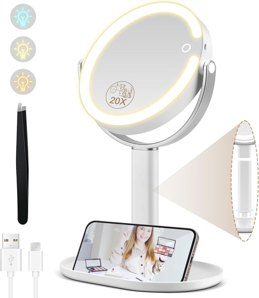 Makeup Mirror with Lights, Double Sided 1x/20x Magnifying Mirror with Light, Rechargeable 3 Color Lights Adjustable Brightness, 360° Rotation Detachable Comes with Tweezer(Silver)