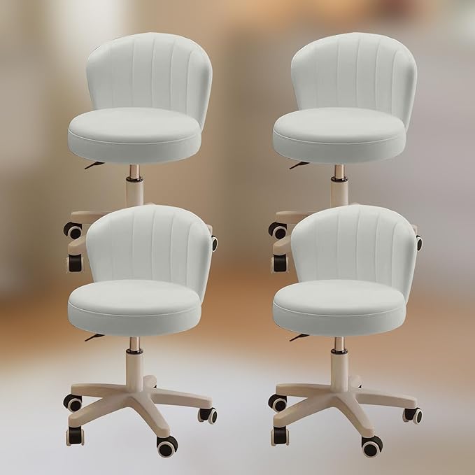 Small Desk Chair Round Rolling Chair with Back PU Leather Height Adjustable Swivel Vanity Work Computer Stool Chair for Home Office Bedroom, Set of 4