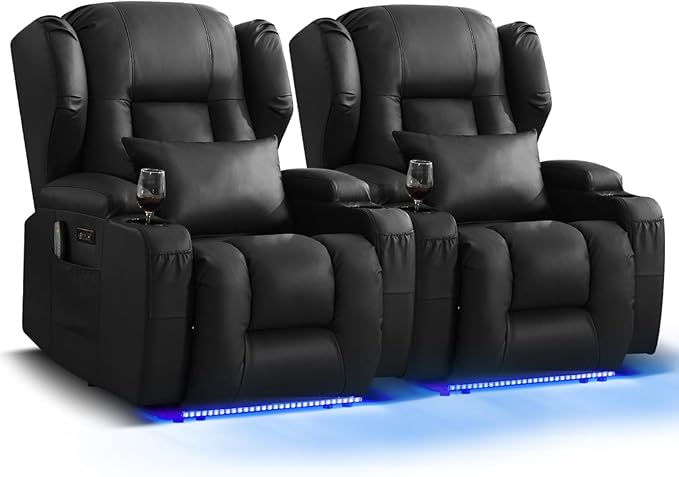 Wall Hugger Power Recliner Chair, Home Theater Seating Electric Recliing Sofa with Massage & Heat, Cup Holder, USB Port, LED Ambient Light, Storage for Living Room (Black, 2 Chairs)