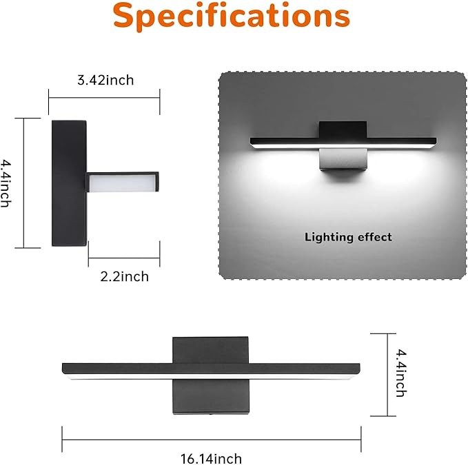 JUSHENG Black Bathroom Vanity Light Fixtures Modern Aluminum LED Wall Mount Sconce Lights for Mirror Lighting Indoor Bedroom Bedside Lamps 16W 16.14" 6000K