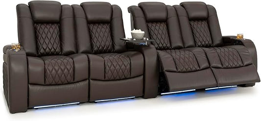 Seatcraft Diamante Zero-Gravity CoolZero Italian Leather Home Theater Seating, Power Headrest, Power Recline, Row of 4 Dual Loveseats, Brown