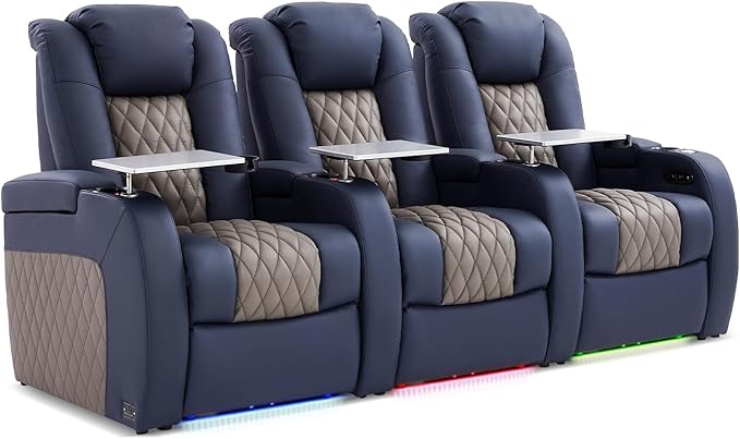 Home Theater Seating, Top Grain Leather Movie Seats Recliner Chair, Zero Gravity Reclining Gaming Sofa with Power Headrest 7 Colors Ambient Lighting 3 Seats Blue Grey