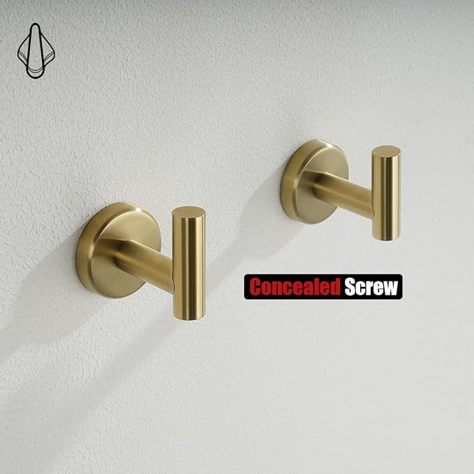 JQK Bathroom Towel Hook Brushed Gold, Brass Coat Robe Clothes Hook for Bathroom Kitchen Garage Wall Mounted (Pack of 4), SUS 304 Stainless Steel 0.8mm, TH100-BG-P4