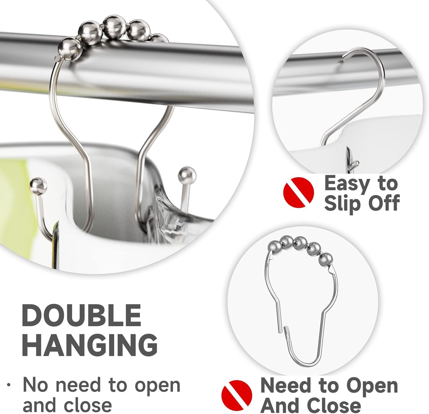 Shower Curtain Hooks Brushed Nickel Shower Curtain Rings Rust Proof, Bathway Balanced Smooth Glide Double Shower Curtain Hooks, Sturdy Shower Hooks for Shower Curtain 12 Pcs Shower Rod Hooks