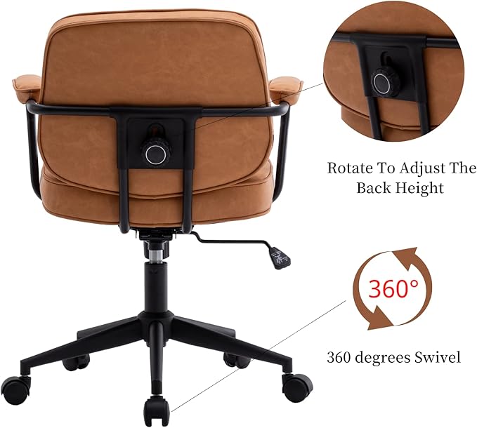 LukeAlon Adjustable Pu Leather Office Chair, Comfy 360° Swivel Task Chair with Armrest Modern Thickened Seat Desk Chair Tiltable Computer Chair with Button Tufted for Home Office, Light Brown