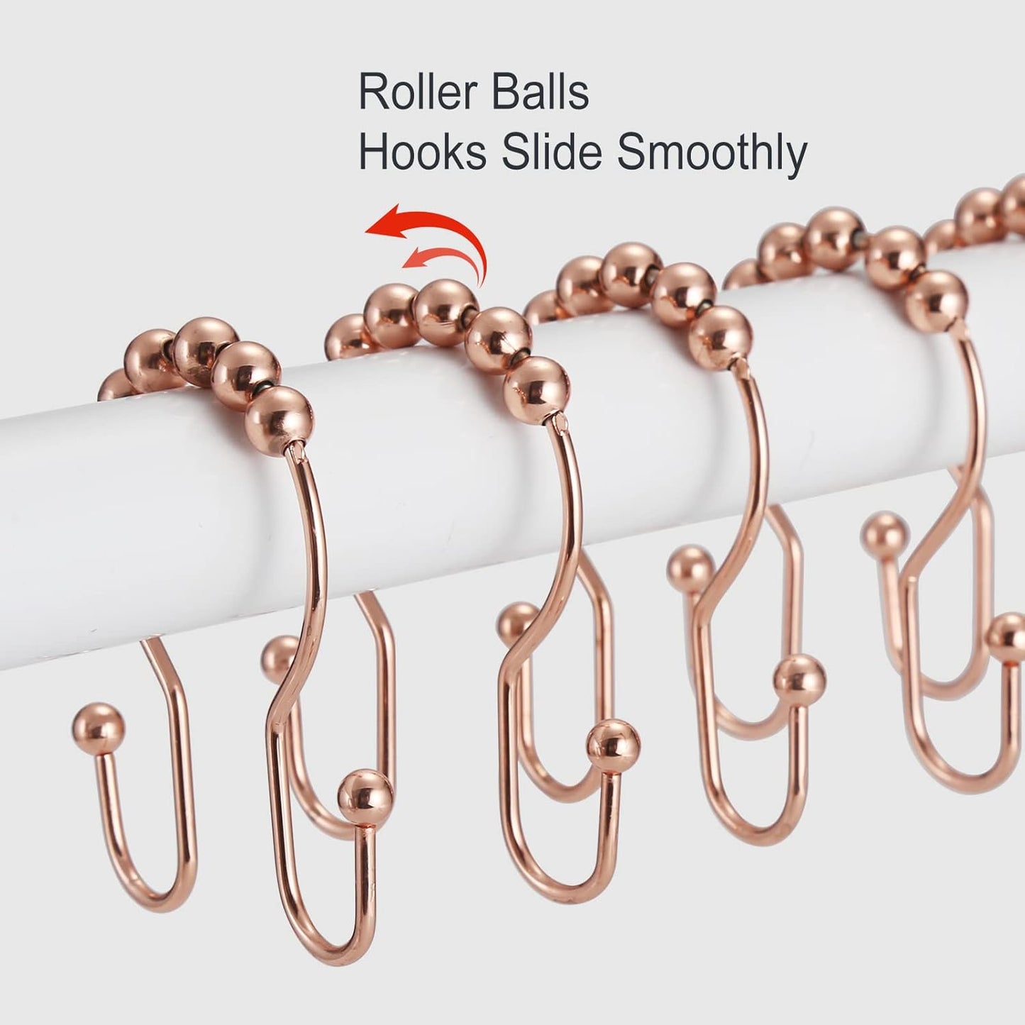 Goowin Shower Curtain Hooks, 12 Pcs Shower Curtain Rings, Stainless Steel Shower Curtain Hooks Rings Rust Proof, Smooth Sliding Anti-Drop Double Shower Hooks for Shower Curtain, Rods (Rose Gold)