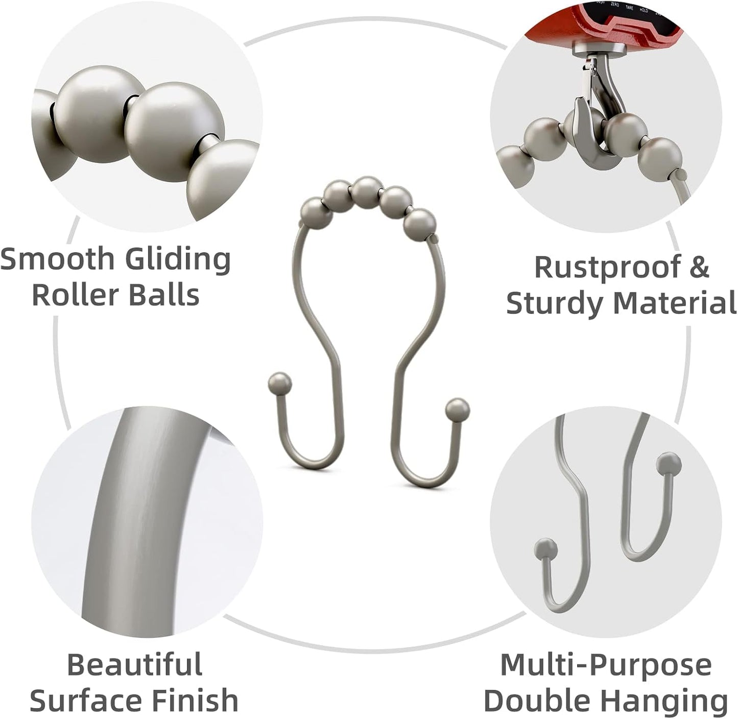 Shower Curtain Hooks Rust Proof Shower Curtain Rings, Smooth Glide Double Hook Shower Curtain Hooks,Shower Hooks for Shower Curtain Matte Nickel Shower Rod Hooks Shower Curtain Hangers 12Pcs