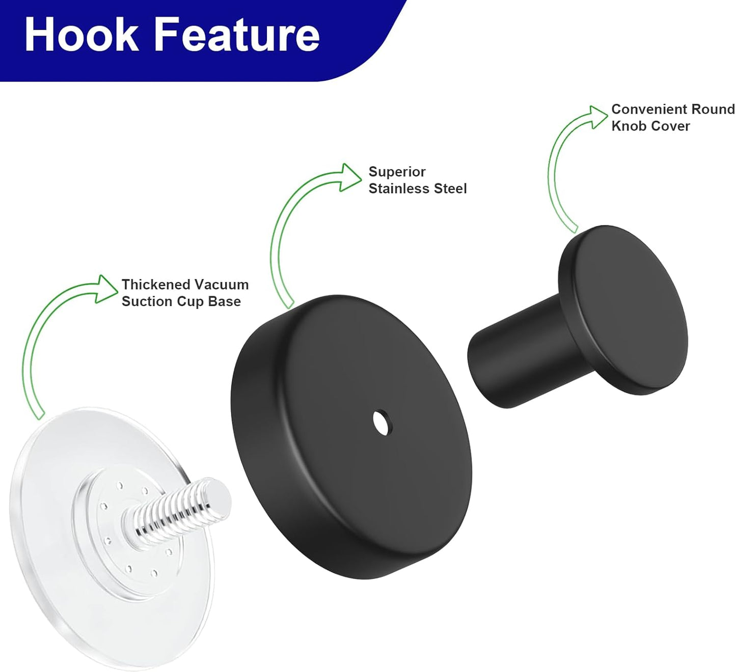 Suction Cup Hooks for Shower, Towel Hooks for Hanging Towels, Robes, Bath Balls, Stainless Steel Shower Hooks for Bathroom Wall, Glass Door, Kitchen, Mirror, Tile (2 Pack，Black)