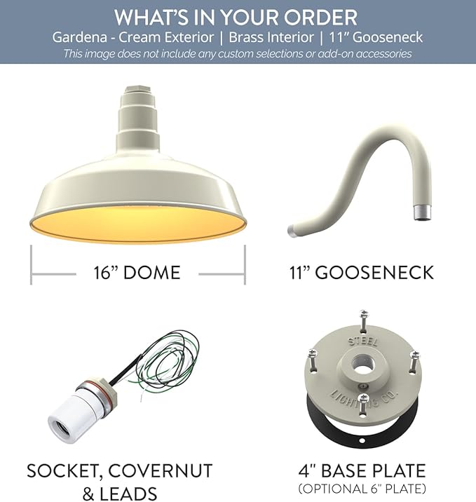 Steel Lighting Co. Gardena Barn Light | Outdoor Wall Mounted | 16" Dome | 11" Gooseneck | Farmhouse Light Made in America | Cream Exterior/Brass Interior