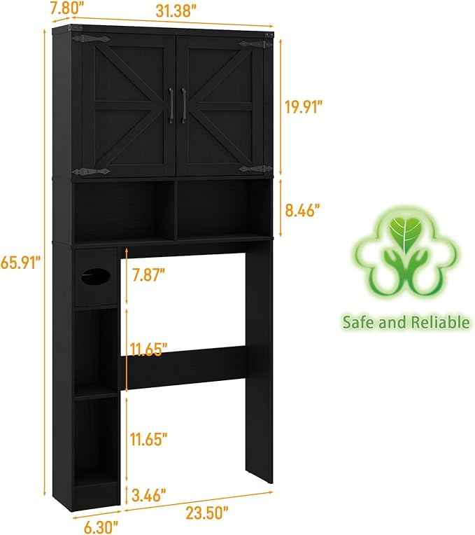 Over The Toilet Storage Cabinet, Farmhouse Storage Cabinet Over Toilet with 2 Barn Doors && Toilet Paper Holder Stand，Home Space-Saving Toilet Rack, for Laundry, Restroom, Bathroom.Pure Black