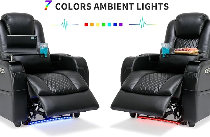 Home Theater Seating Seats, Game Movie Theater Chairs Theater Recliner Sofa with 7 Colors Ambient Lighting, Lumbar Pillow, Side Pocket, Tray Table, Power Recline, Black