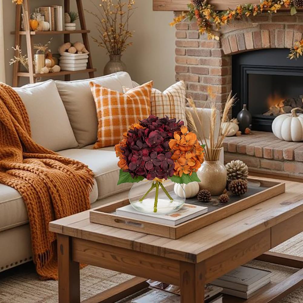 Hollyone Fall Hydrangea Artificial Flowers for Decoration with Glass Vase Dark Red Orange Autumn Silk Faux Flower Arrangements with Faux Water Fake Bouquet Table Centerpiece Fall Decorations for Home