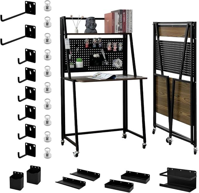 lumizone Folding Desk with Pegboard Collapsible Desk 29" Home Office Desk No Assembly Required Folding Table with Hooks Boxes and Storage Accessories for Organizing (Brown-Black+Accessories Set)