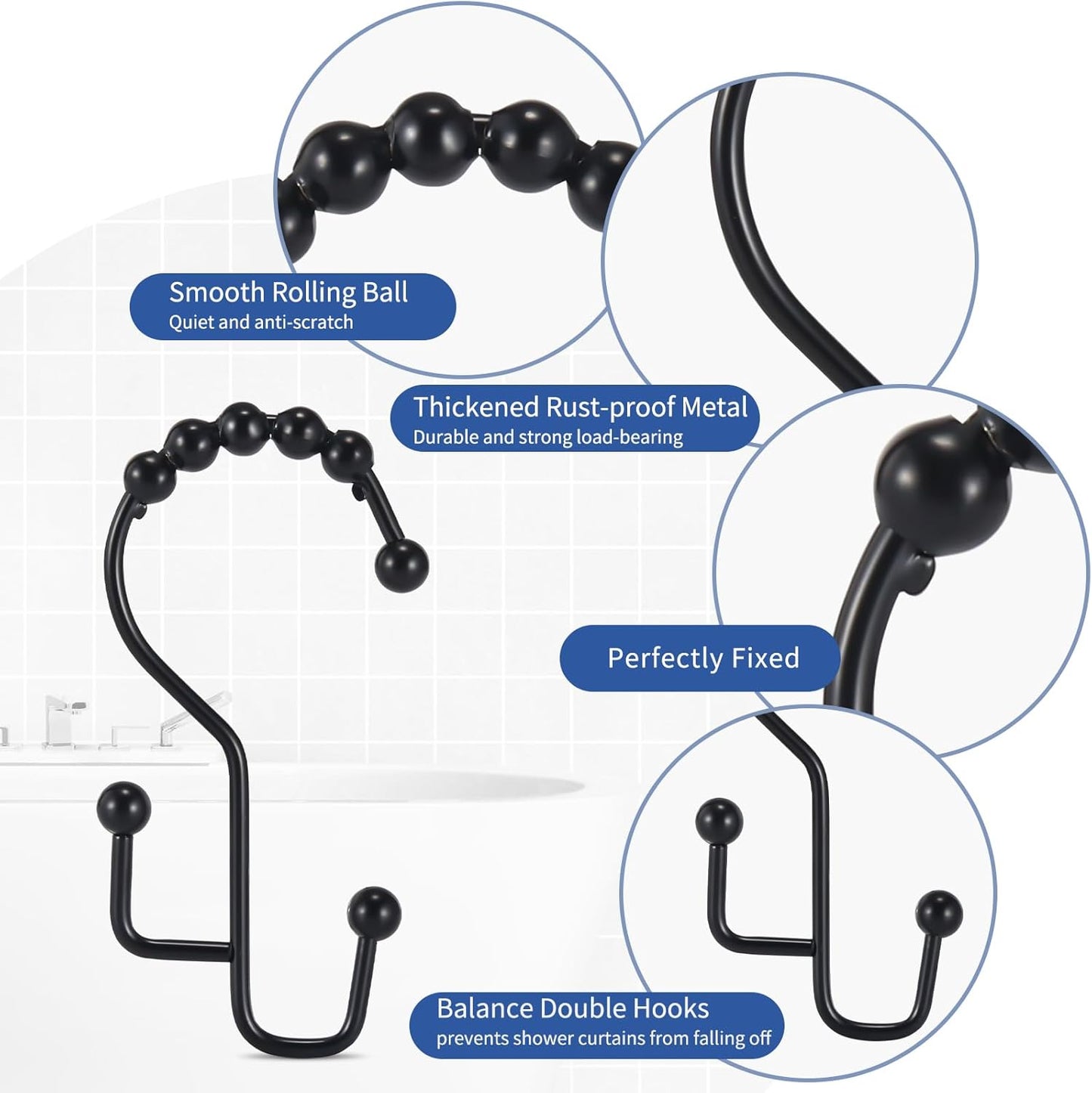 Shower Curtain Hooks, 12Pcs Shower Curtain Rings Rust Proof, Stepped Double Hook Shower Curtain Hooks, Easy Glide Metal Shower Hooks for Shower Curtain Bathroom Kitchen Wardrobe, Black