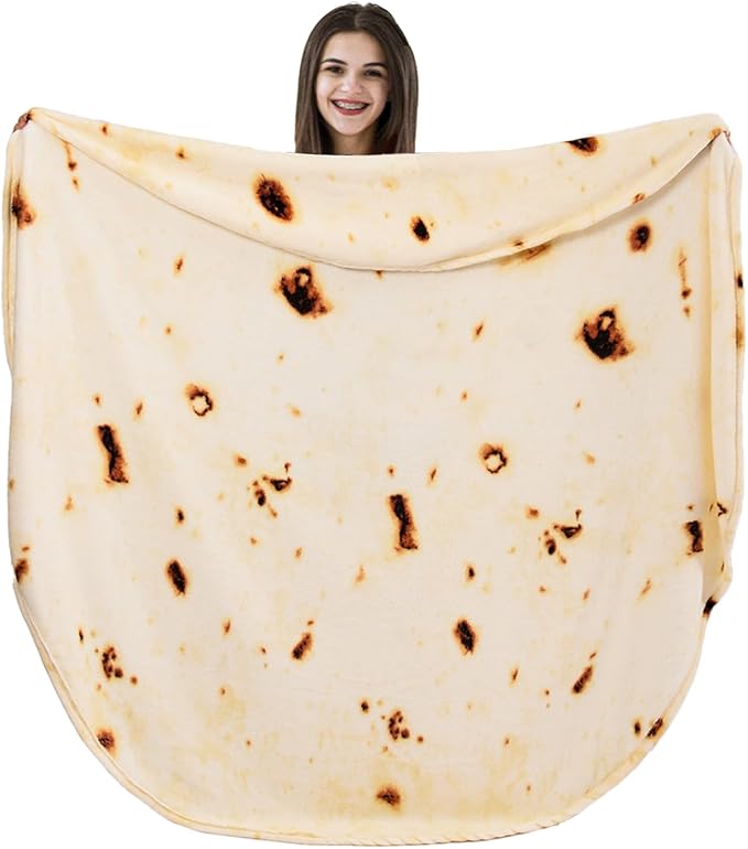 Vessia Burritos Tortilla Blanket Throw Size(Beige,71 inches), Giant Realistic Funny Food Throw for Adults and Kids, 300 GSM Double Sided Soft Novelty Round Taco Blanket