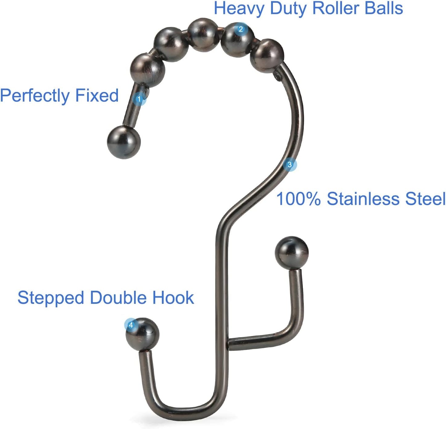 Shower Curtain Rings & Hooks, Rust-Resistant Stainless Steel, Easy Sliding Double Hooks for Curtains & Liners, 12pcs-Bronze