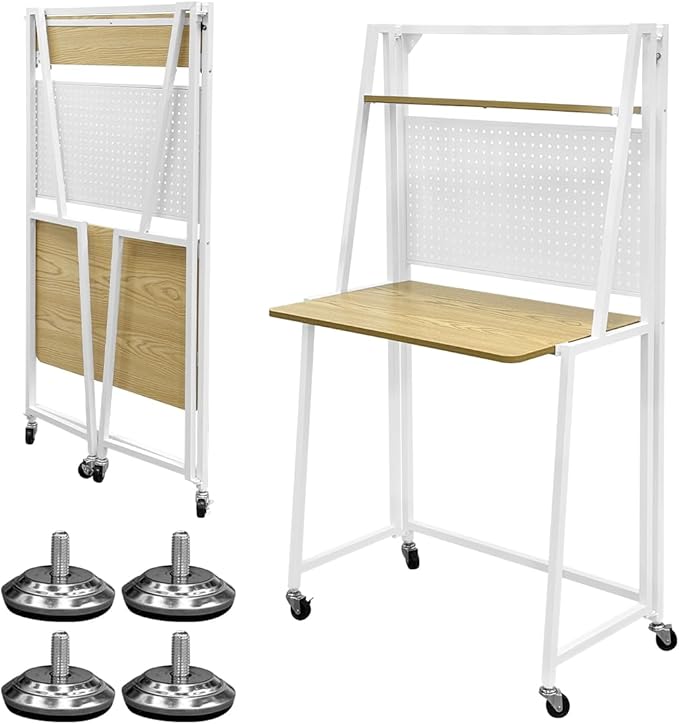 lumizone Folding Desk with Pegboard Collapsible Desk for Small Space 29" Home Office Desk No Assembly Required, Sturdy & Space-Saving, Folding Table, Slim Desk with Storage (Nature-White)