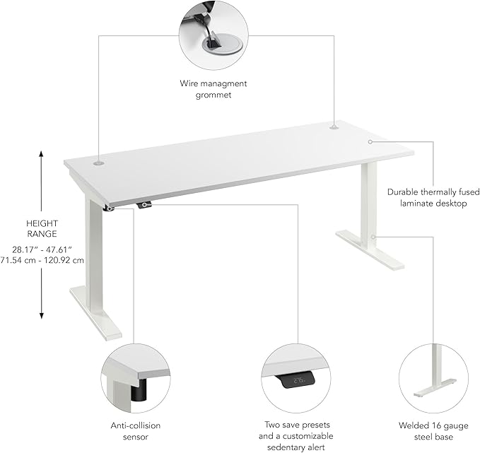 Bush Business Furniture 72-inch Electric Height Adjustable Standing Desk, Ergonomic Sit-Stand Computer Table for Home and Professional Office, Move 40 Series, White with White Base