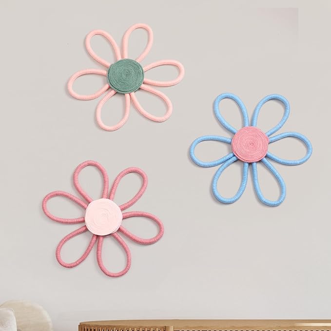 Peryiter 3 Set 10 Inch Boho Nursery Decor Woven Daisy Flower Macrame Wall Hanging for Baby Girls Nursery Home Bedroom Dorm Decor (Stylish Color)