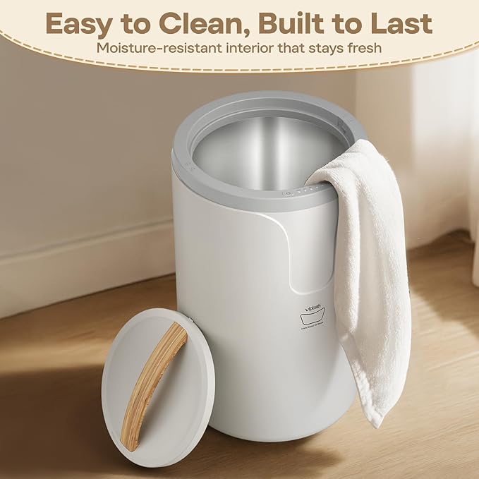 Towel Warmer Bucket – 20L Capacity, Dual Heat, 24-Hour Timer, Stainless Steel Interior, Wood-Grain Finish Handle – Spa Comfort with a Gentle Scent