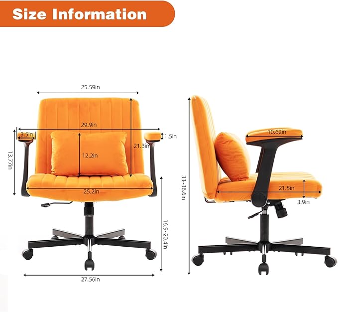 Furnimart Criss Cross Desk Char Wide Seat with Wheels and Arms, 360° Swivel Cross Legged Desk Chair Thick Cushion, Velvet Comfy Armless Home Office Chair for Bedroom, Vanity, Sturdy (Yellow)