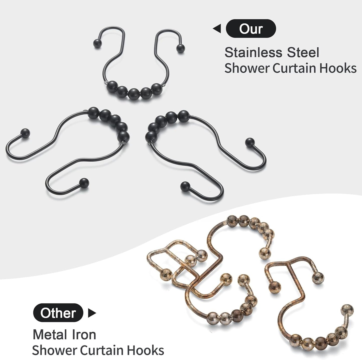 Goowin Shower Curtain Hooks, 12 Pcs Shower Curtain Rings, Stainless Steel Black Shower Curtain Hooks, Shower Curtain Rings Rust Proof, Smooth Sliding Anti-Drop Double Shower Rings for Curtain (Black)