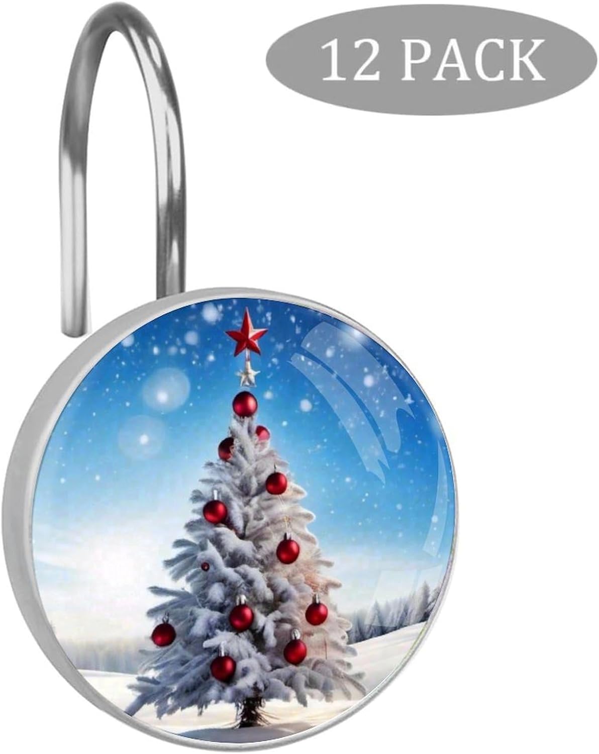 Christmas Tree Shower Curtain Hooks 12 Pcs, Xmas Tree Rust Proof Glass Surface Stainless Steel Curtain Rings for Bathroom Bedroom Living Room Kitchen Home Shower Rods Decor